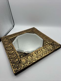 Vintage Repousse Brass Ornate Octagonal Wall Mirror – 11" x 11"