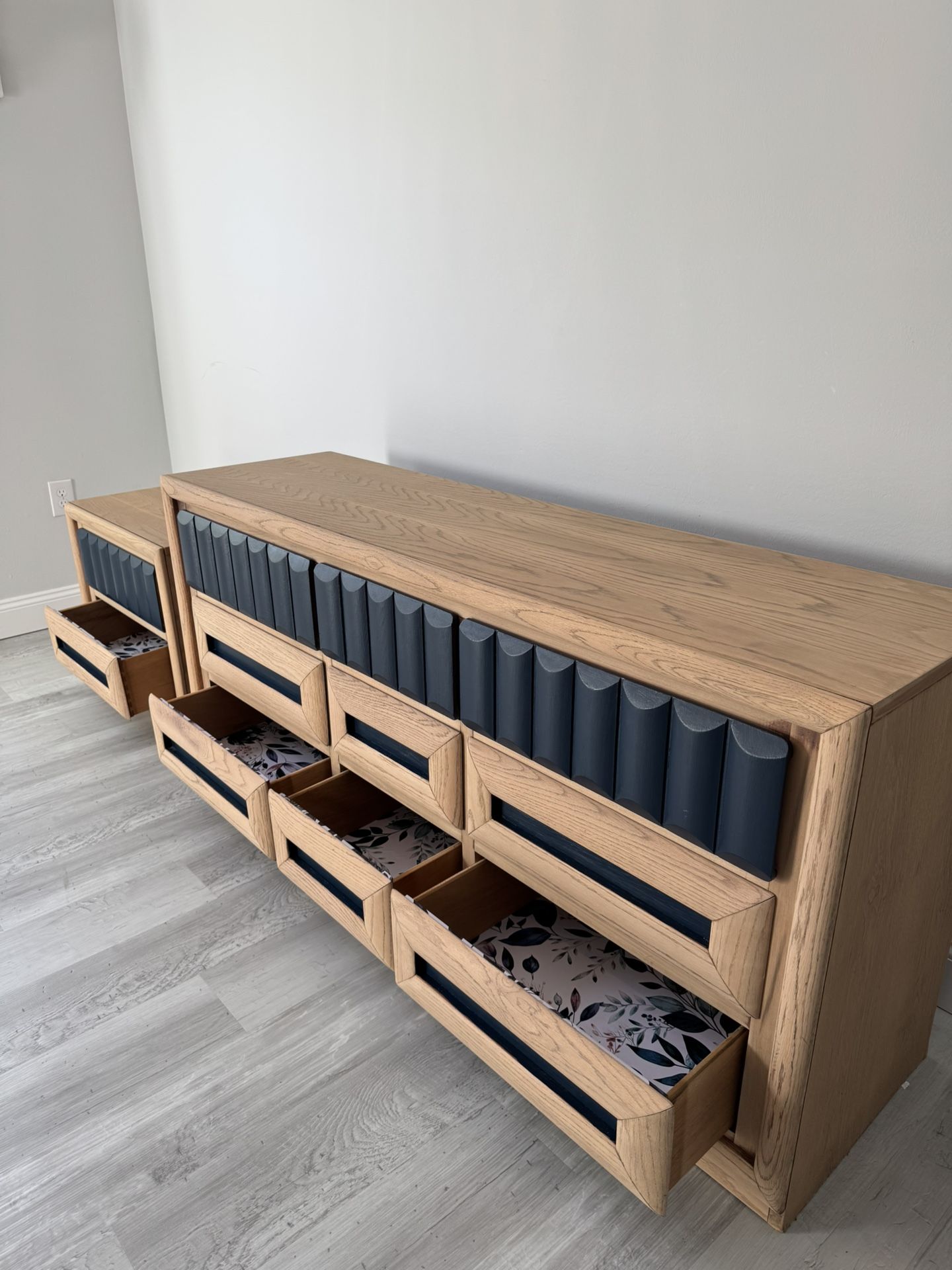 9 Drawer Dresser and Nightstand (deep navy blue and exposed real wood)