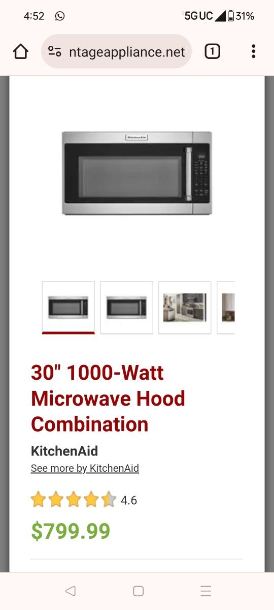 Kitchen Aid Above Range Microwave 