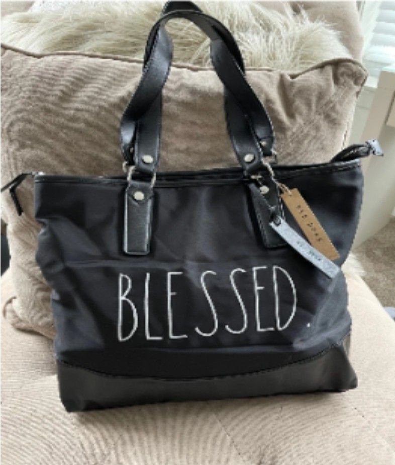 Rae Dunn Blessed Black Leather and Nylon Tote Bag 