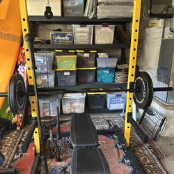 Weight Set and Squat Rack, Bars, Hex Bar, Pulley System 