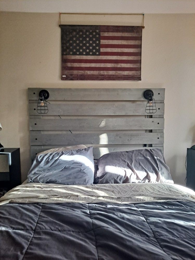 Wooden DIY gray Headboard with lights
