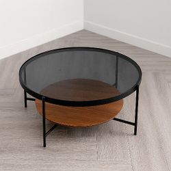 Round Glass Woode Coffee Table 