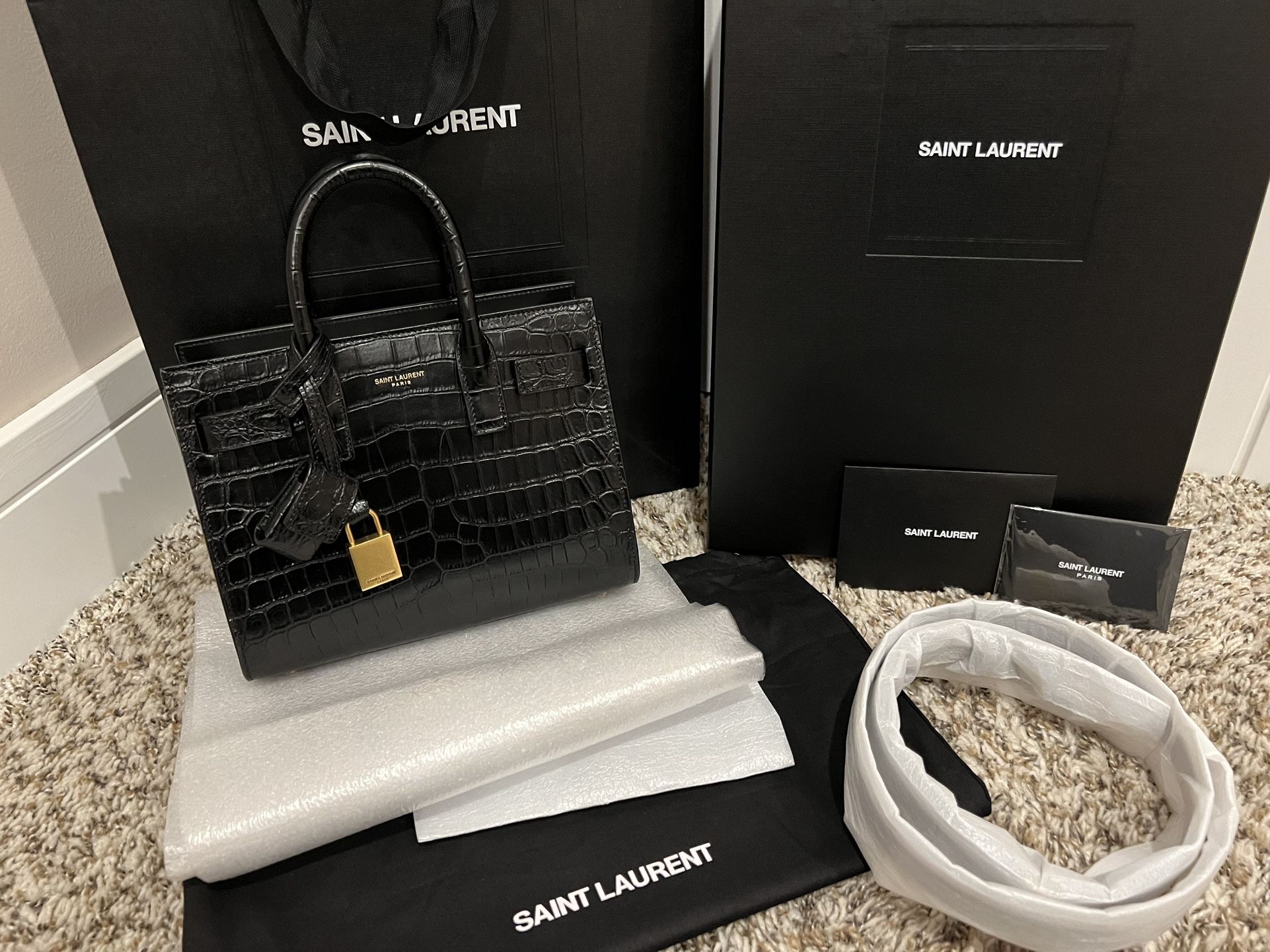 NEW AUTHENTIC SAINT LAURENT SAC DE JOUR NANO IN BLACK CROC LEATHER