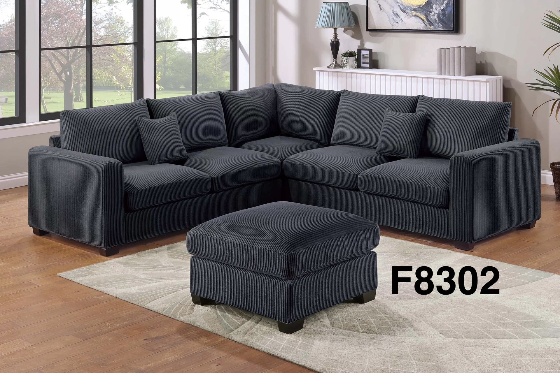 BLACK OR GREY CORDUROY SECTIONAL SOFA WITH OTTOMAN