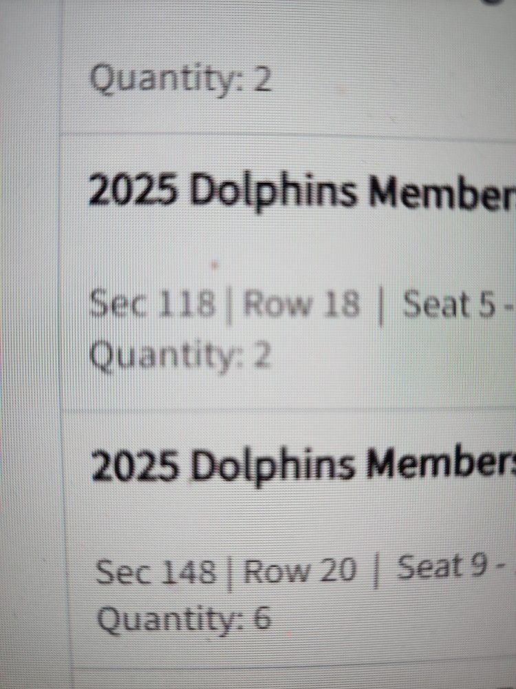 2025 6 Dolphins Season Tickets X 2 50 Yd Line Lower Bowl