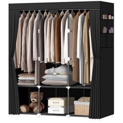 LOKEME Portable Closet, Portable Closets for Hanging Clothes with 3 Hanging Rods and 6 Storage Shelves and 4 Side Pockets, Black Wardrobe Closet Easy 