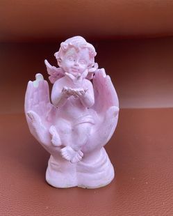 Vintage Pink Cherub Angel Figurine Sitting in Hands Statue Cupid Decor