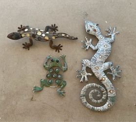 3 metal Southwestern wall art patio porch backyard huge large gecko lizard frog with glass inserts