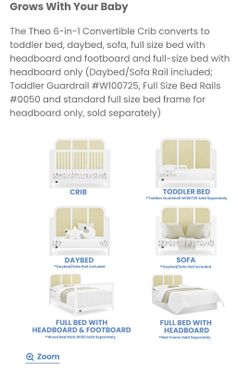 Brand New. 6-in-1 Convertible Crib converts ta toddler bed, daybed, sofa, full size bed with headboard and footboard and full-size bed with headboard 