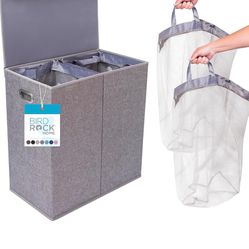 Double Laundry Hamper with Lid | Removable mesh bags | Dual Compartment Clothes Hamper | Grey