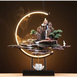 Backflow Incense Burner Resin Rockery Landscape Statue with Adjustable LED Light Ring, Compatible with Cone and Stick Incense (DLXL001)