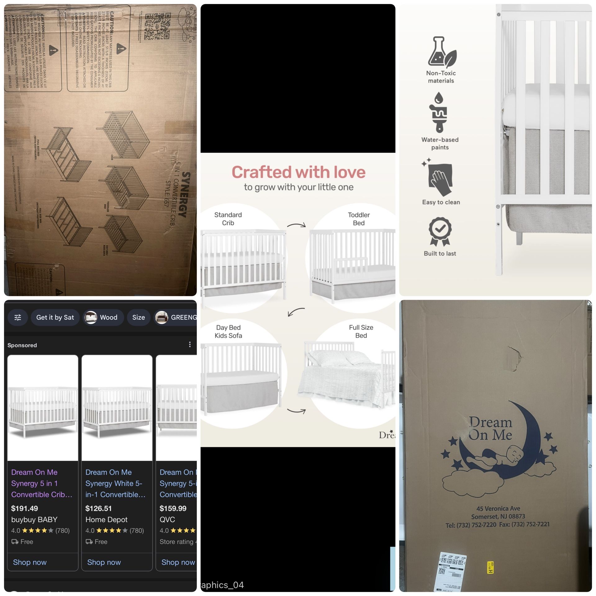 synergy 5 in 1 convertible crib dream on me style: 657 white with mattress