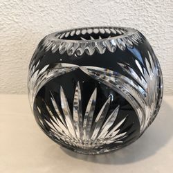 Large Black Bohemian Glass Cut To Clear , Deep Cut , Stunning Piece Of Glass , The Light Reflection Is Gorgeous 7.50” Tall And The Mouth Opening 4.50”