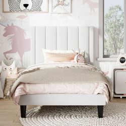 Twin Bed Frame, Upholstered Bed Frame with Velvet Vertical Channel Tufted Headboard, White