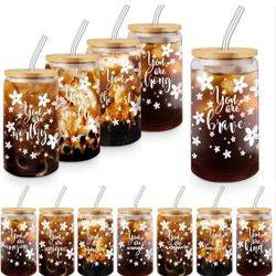 12 Pcs Inspirational Gift for Women 16 oz Glass Cups with Lids Coffee Cup Bulk Thank You Appreciation End of School Gift for Employee Team Coworker Te