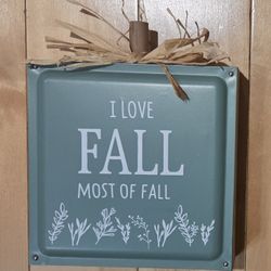 NEW 'I Love Fall Most of All' Green Tabletop Metal & Wood Sign (6.25" x 6.25")