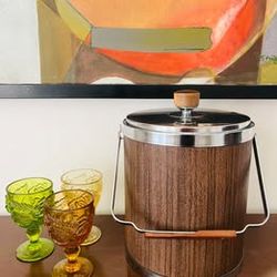 Vintage Kromex Mid-Century Modern Wood Grain Ice Bucket-Glasses NFS