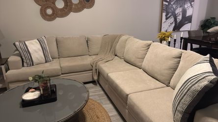 Large Beige Fabric Sectional Sofa