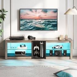 63 in. Wash Grey TV Stand Fits TVs up to 70 in. LED Entertainment Center with Adjustable Glass Shelves