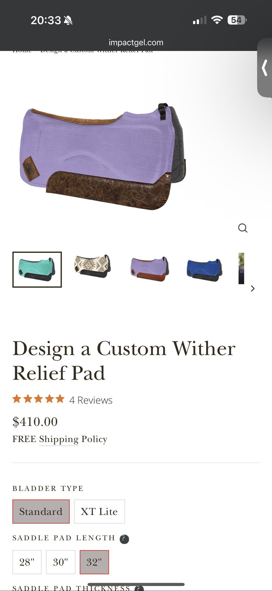 Custom 32x32 Impact Gel Wither Relief Saddle Pad 1”