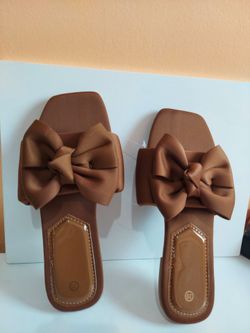 Brown Bow Flat Slide Sandals Size 39