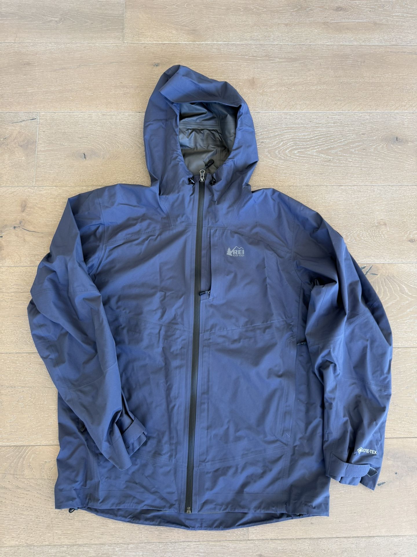 REI Co-Op Rain Blue Jacket Men’s Medium Goretex Hooded Lightweight Waterproof