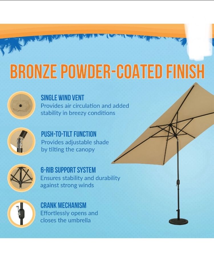 Bimini 6.5’ x 10’ Rectangular Market Patio Umbrella, Champagne Beige, New in Box