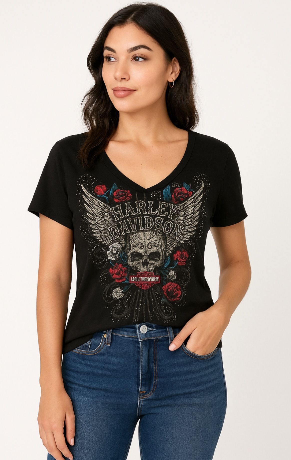 Harley-Davidson Women’s Black T-Shirt Size L Rhinestones Used