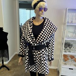 Pink And Black Checkered Light Eight Faux Fur Jacket  