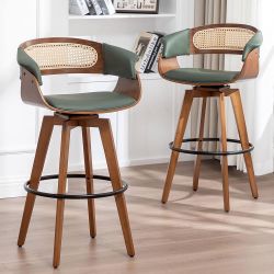 Set of 2 - 26.4 inch Counter Height BarStools with Rattan Back, Walnut Craftsmanship, Faux Leather Upholstered Seat, Kitchen Island Stools for Kitchen