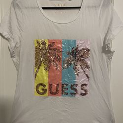 Guess White Tee With Sequin Palm Tree Graphic 