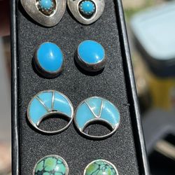 Navajo Sterling Silver Turquoise Stud Earrings 4 Pairs