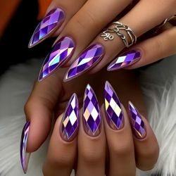 24 pcs 3D Chrome Purple Iridescent  Long Length Almond Press on Nails