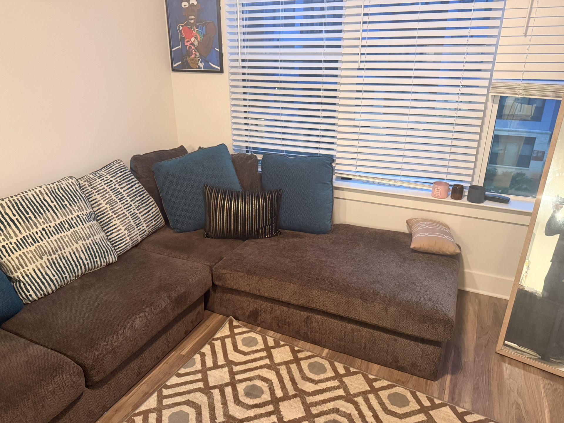 Large Sectional Couch with Chaise - Brown with Accent Pillows
