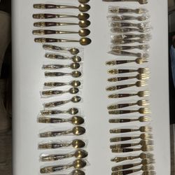 MCM Thailand Siam Teak Wood Bronze Silverware 1950’s Flatware Buddha 75pc