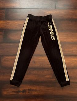 Little Girls Clothes Gymnast Sport Jogger Pants In Black Velour With Gold Glitter Stripe Accents Size 10