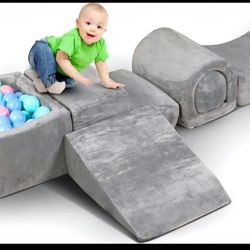 6 Piece Kids Foam Climbing Blocks - Baby Soft Play Set with Nonslip Bottom, 50 Pit Balls and Washable Cover