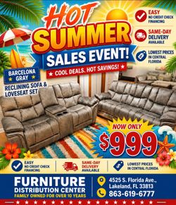 Limited time sale. Barcelona, gray reclining sofa and loveseat set only $999. Easy finance option. Same-day delivery.