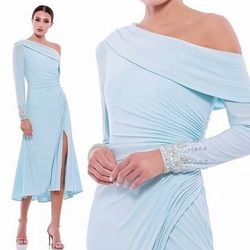 Mac Duggal Powder Blue Foldover Long Sleeve Jeweled Midi Dress Womens Size 0

