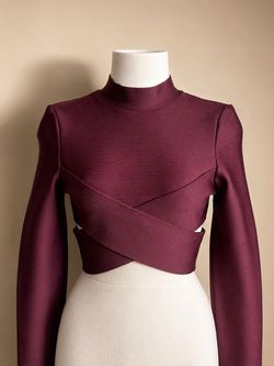 Burgundy Long Sleeve Bandage Crop Top