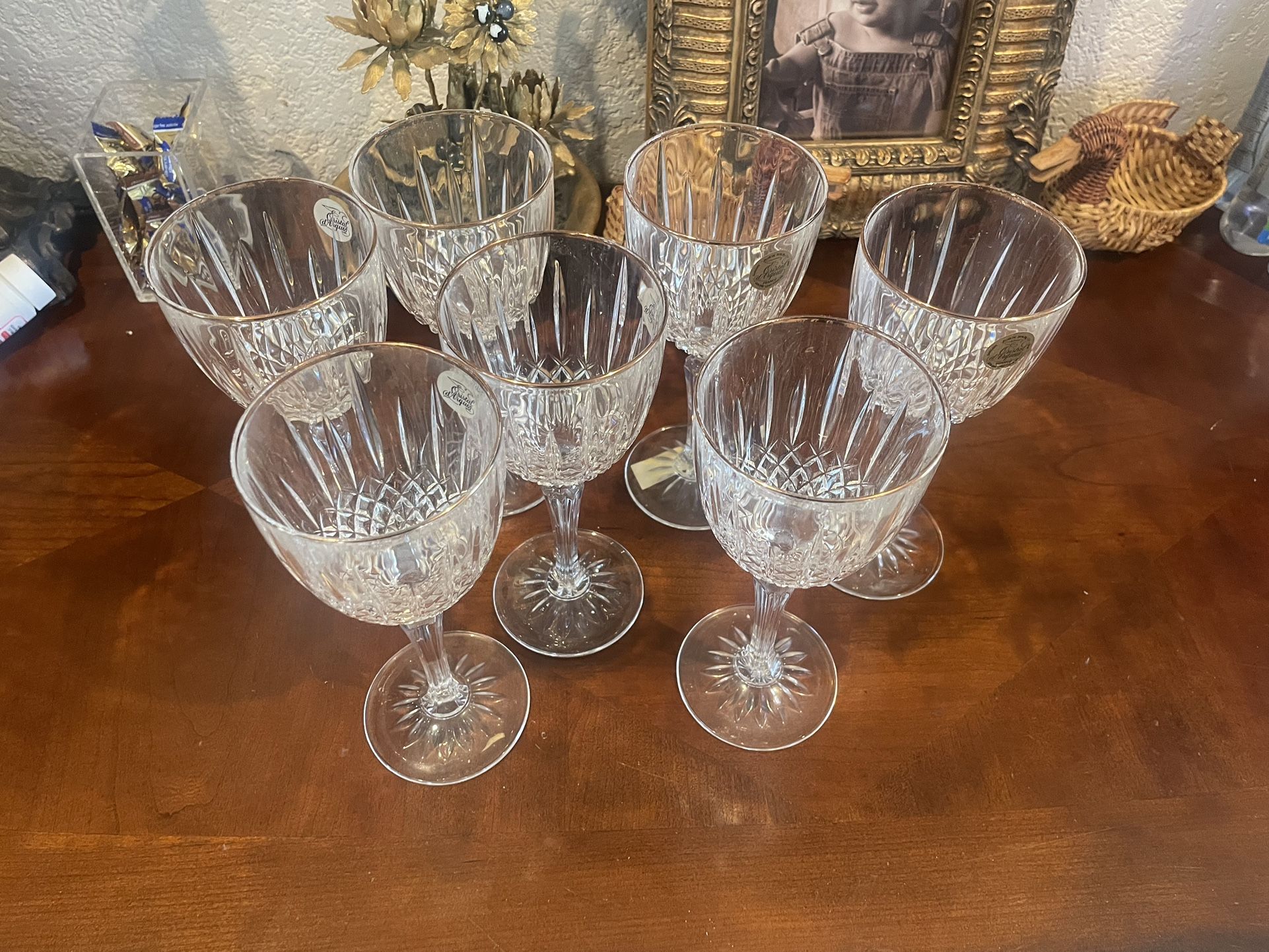 New 7 Crystal D Arques Durant Constance gold trim wine goblets