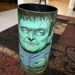 Vintage metal waste, trash, garbage can Frankenstein monsters 1960s
