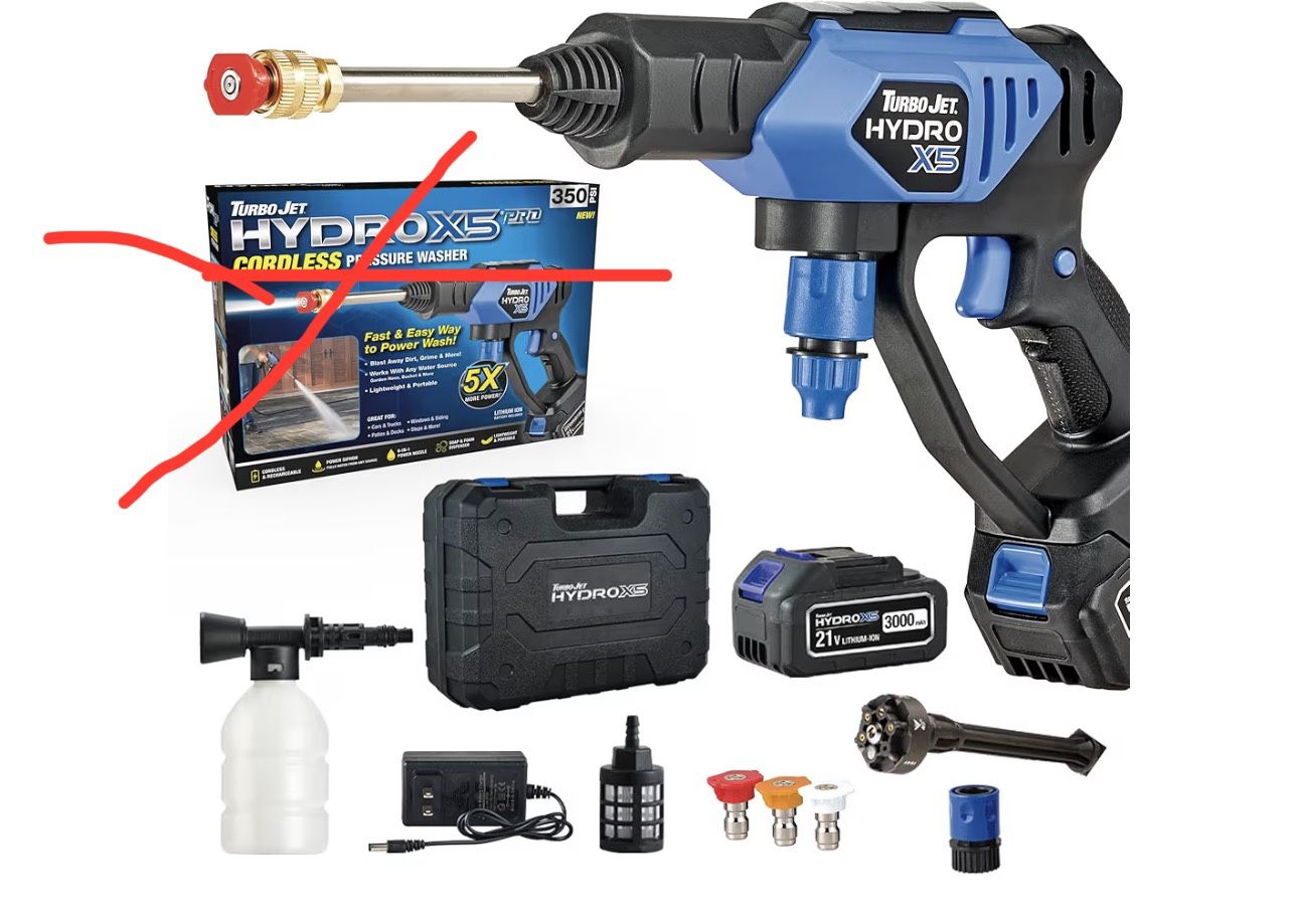 (9999-72) Ontel Turbo Jet HydroX5 Pro Portable Cordless Pressure Washer (21V 3000mAh Battery), 6-in-1 Nozzle, Dual Water Source, 16ft Detachable Hose