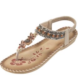 Womens Summer Flats Sandals: Comfortable Bohemian Beaded Dressy Casual Ankle Strap Elastic Slip on Beach Shoes