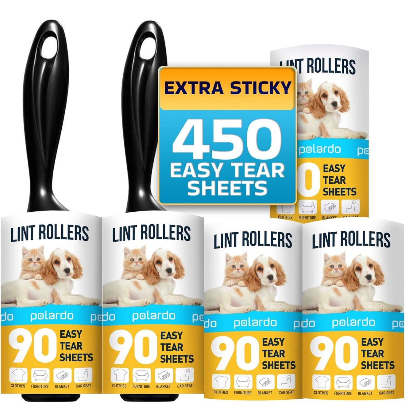 Lint Rollers for Pet Hair, Sticky, Remover for Couch, Clothes Furniture and Carpet. Dog Hair Remover Cat Hair, Animal Fur, Fuzz. 5 Large Lint Rollers