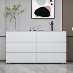 59 inches Modern Minimalist White/Black Distressed 6-Drawer Sideboard with Grain Texture