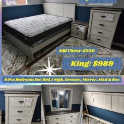 Super Deal 
Bedroom Set White Wash & Grey Top
Solid Wood & Vener
Includes Bed, 1 Night Stand, Dresser, Mirror, Matt & Box
Queen: $798
Full: $789
King: