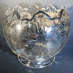 Crystal Silver Overlay Glass Bowl w/Scalloped Lip and Heavy Foot 