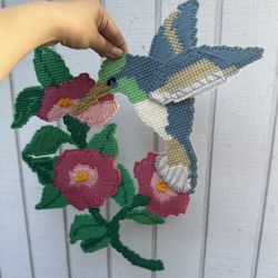 Beautiful Cross Stitch Hand Made Humming Bird Flower Wall Art Decor